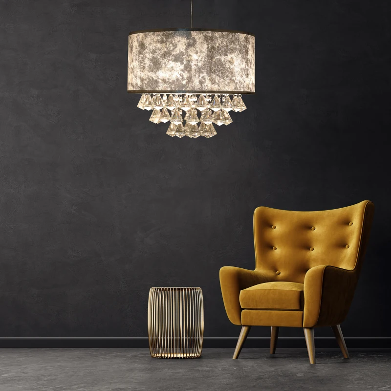 HOMCOM Modern Crystal Chandelier Light with Adjustable Hanging Pole, Ceiling-Connecting Metal Round Base, Grey