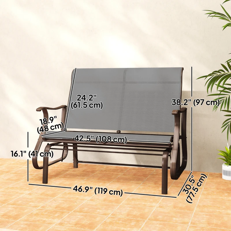 Outsunny Garden Double Gliding Chair, Patio Glider Armchair for Outdoor, Backyard Mesh Seat and Backrest, Steel Frame, Light Grey