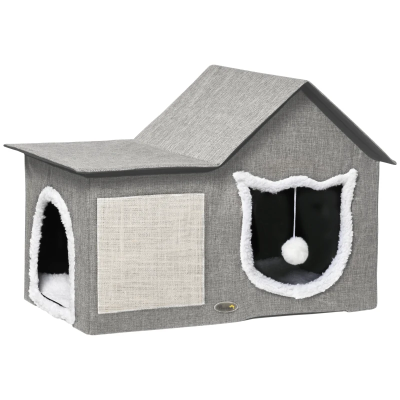PawHut Large Cat Bed for Indoor, Cat House Hideaway with Soft Cushion, Scratching Pad, Dangling Ball, Dual Entrances, Grey