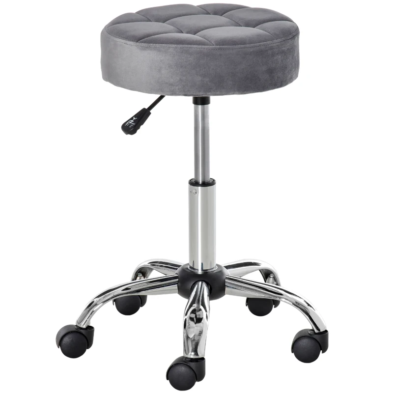 HOMCOM Round Rolling Stool, Height Adjustable Vanity Chair, Upholstery Office Chair with Swivel Seat and Wheels, Grey
