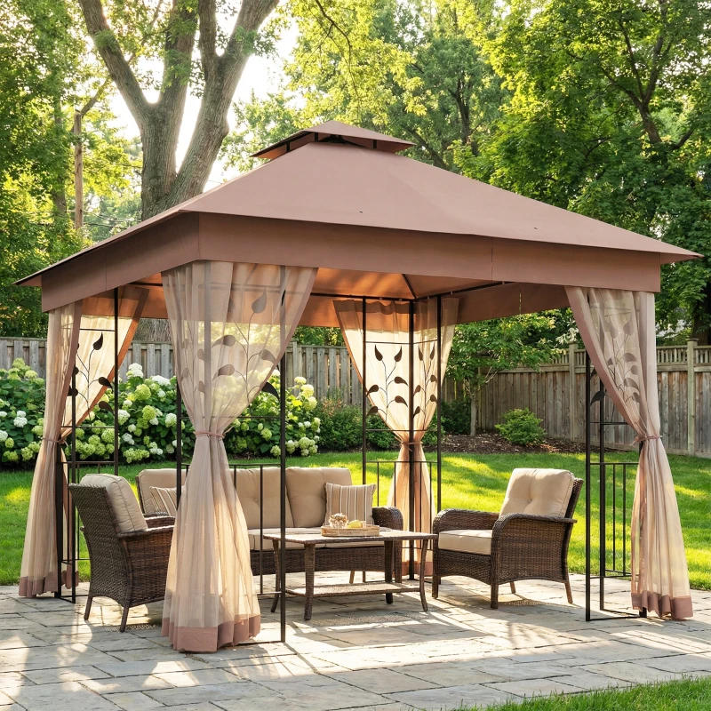 Outsunny 10'x10' Soft-top Steel Patio Gazebo Outdoor Sun Shelter with 2-Tier Polyester Roof, Curtain Sidewalls, Dark Brown