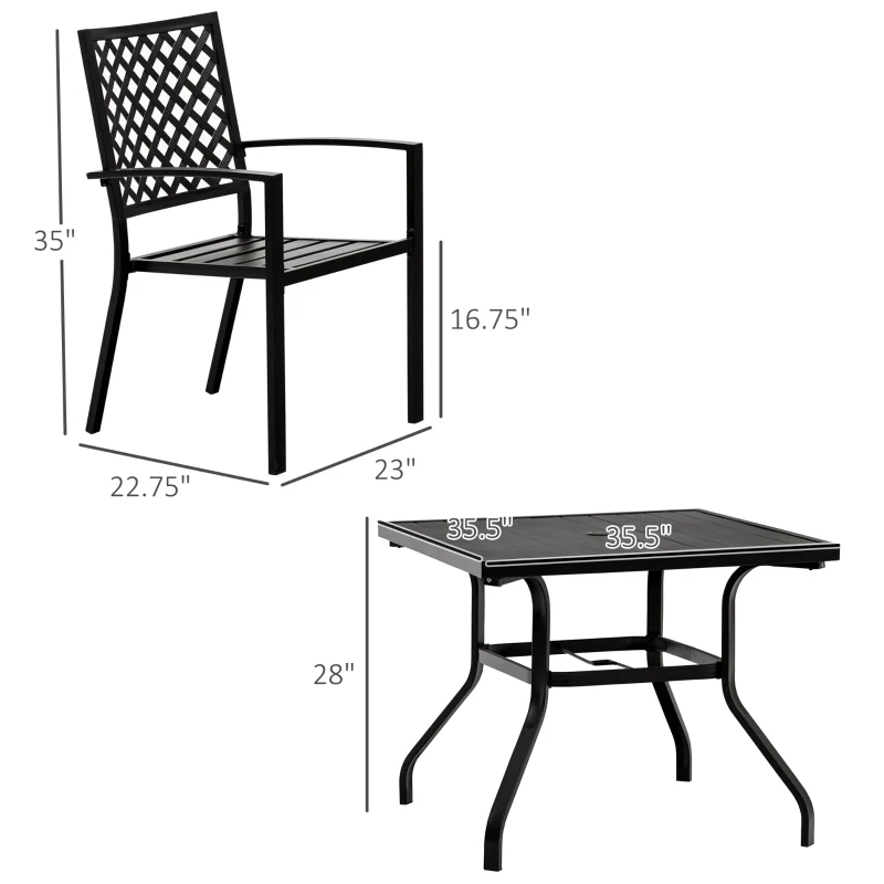 Outsunny 5-Piece Outdoor Patio Square Table Dining Set with 4 Stackable Chairs, Durable Steel Design, & Middle Umbrella Hole of 1.65'' or 1.5''