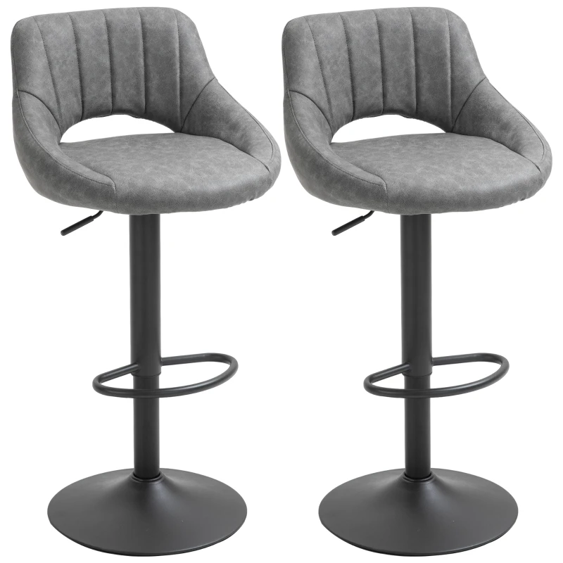 HOMCOM Bar Stools Set of 2, Swivel Counter Height Barstools with Adjustable Height and Cutout Back, Faux Leather Upholstered Bar Chairs with Round Metal Base and Footrest, Grey
