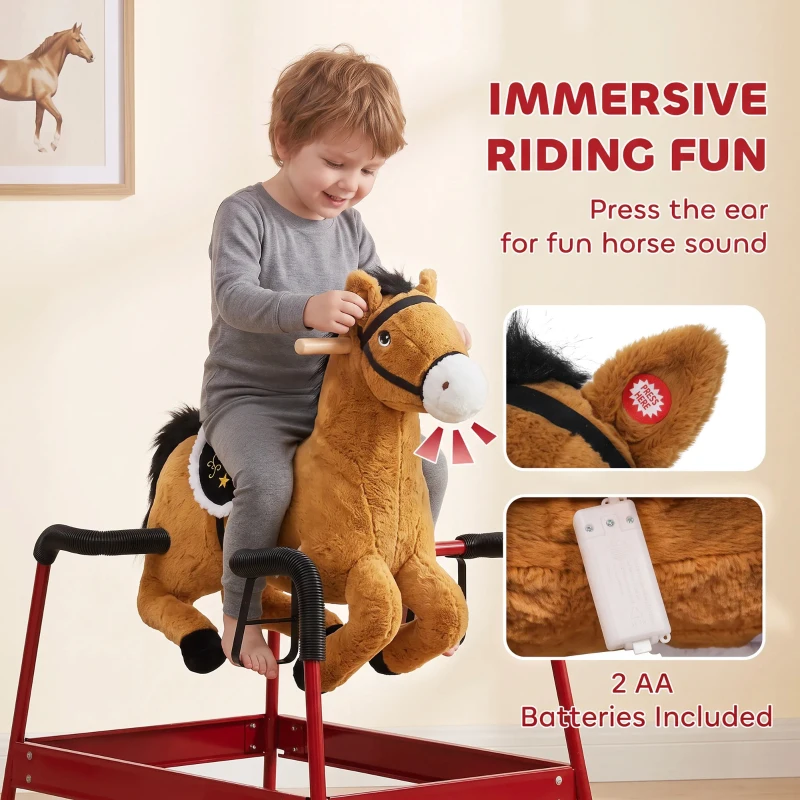 Qaba Kids Spring Rocking Horse, Ride on Horse with Neighing Sounds, Plush Animal Ride on Toy for Ages 3+ Years, Brown
