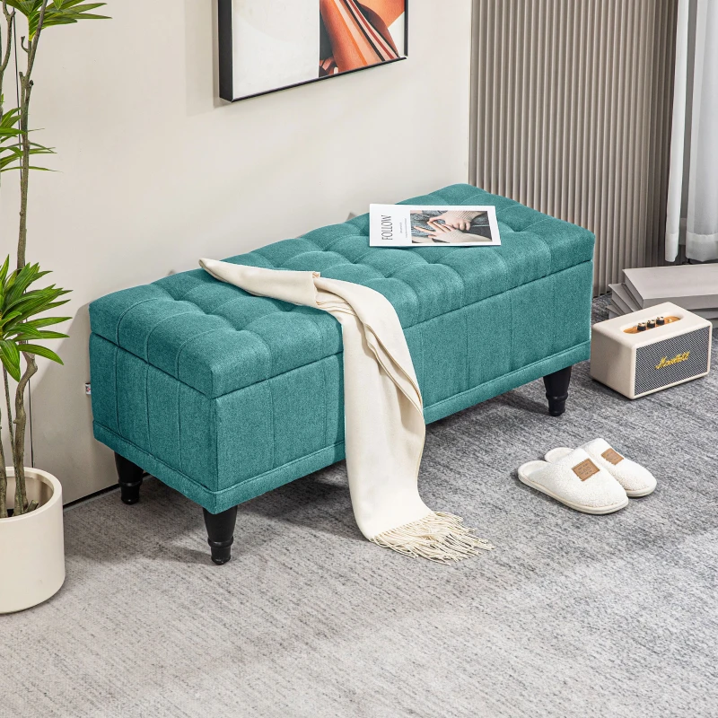 HOMCOM Storage Ottoman, Linen Fabric End of Bed Bench with Button Tufted Storage Bench for Bedroom, Green