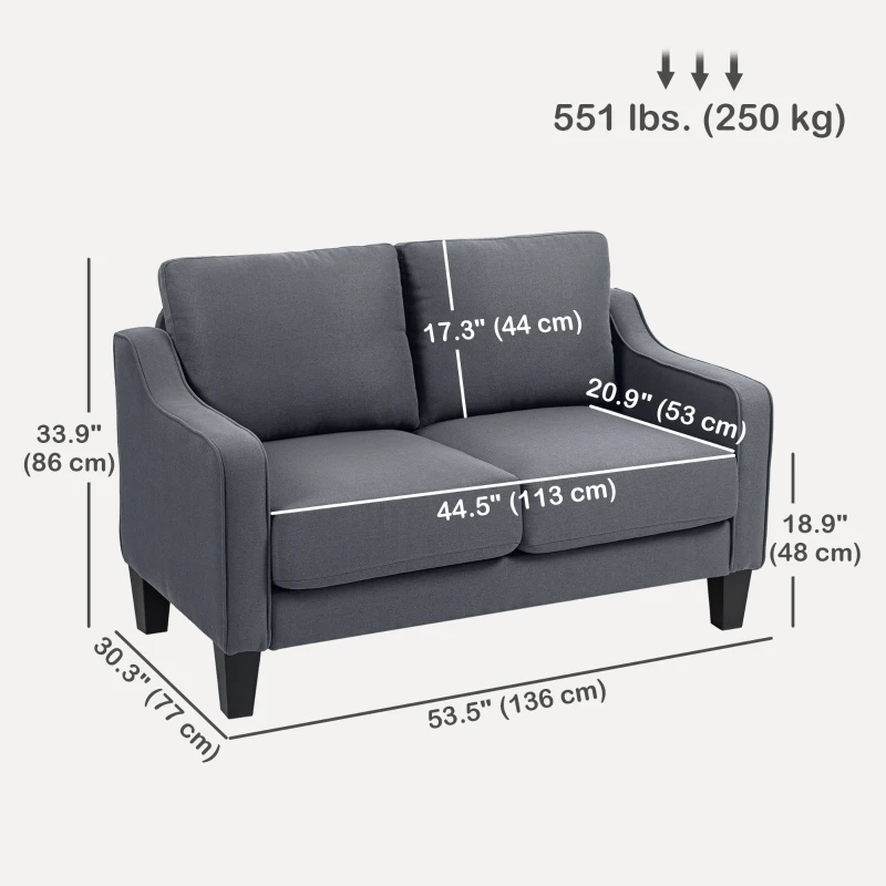 HOMCOM Loveseat Sofa, Modern Couch with Pocket Spring, Linen Upholstered, Thick Padded, Charcoal Grey