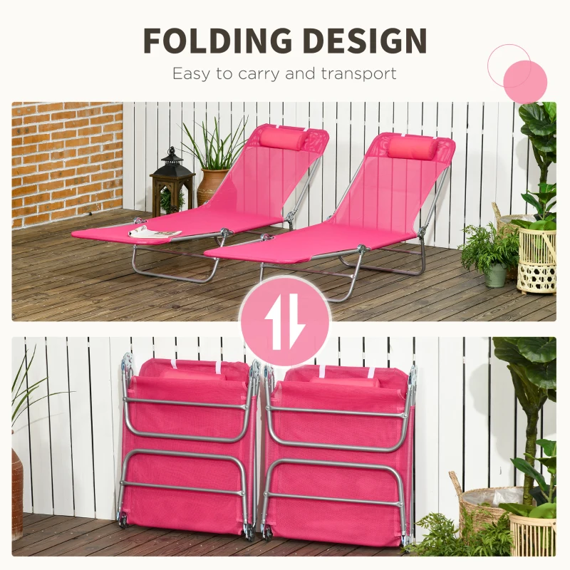 Outsunny Set of 2 Folding Chaise Lounge Chairs, Outdoor Poolside Sun Tanning Chairs w/ Pillow, Reclining Backrest, Pink