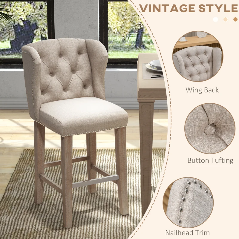 HOMCOM Counter Height Bar Stools Set of 2, Upholstered Bar Chairs with Nailhead Backrest and Footrest, Modern Barstools for Kitchen, Dining Room, Beige