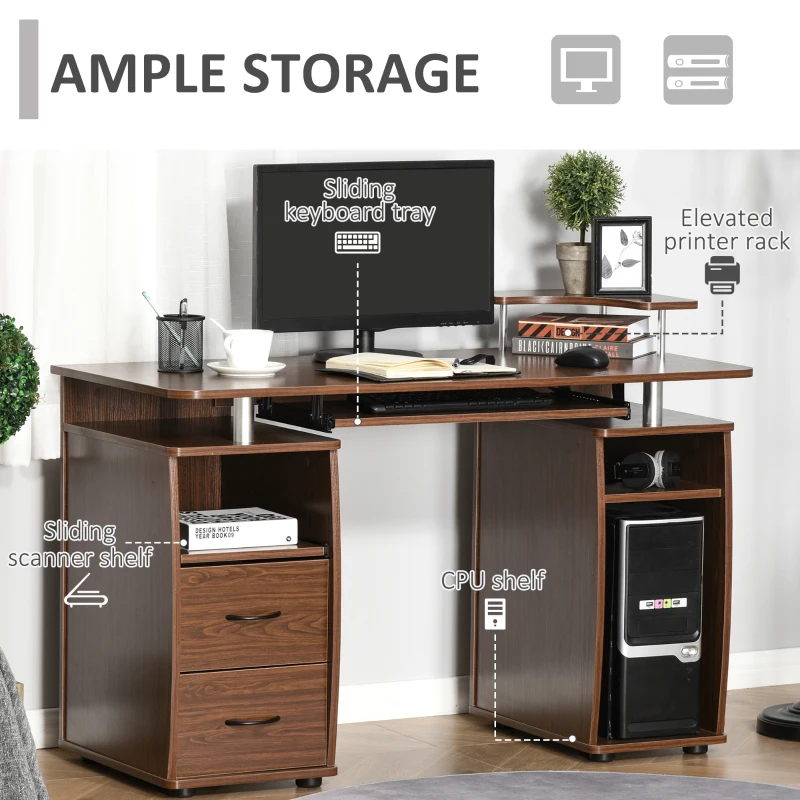 HOMCOM Multi-Function Computer Desk Home Office Workstation with Sliding Keyboard Tray, Elevated Shelf, Drawers and CPU Stand, Brown