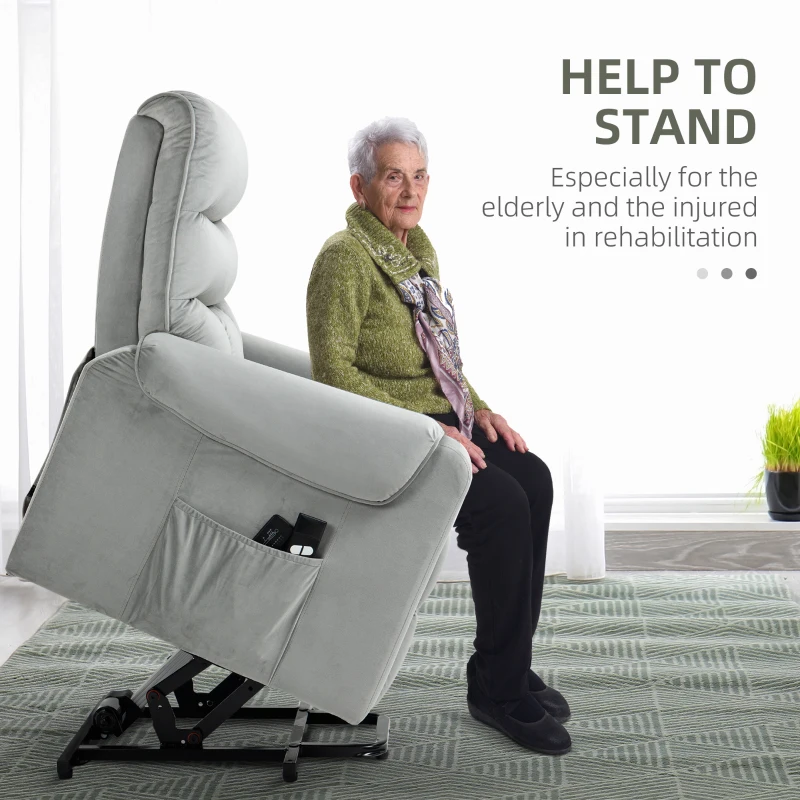 HOMCOM Power Lift Chair, Velvet Touch Upholstered Recliner Chair for Elderly with Vibration Massage, Remote Control, Side Pockets, Grey
