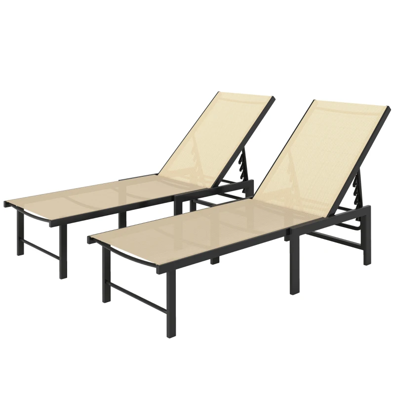 Outsunny Outdoor Lounge Chair Set of 2, 5-Position Reclining Outdoor Chaise Lounge Tanning Chair with Mesh Seat, Khaki