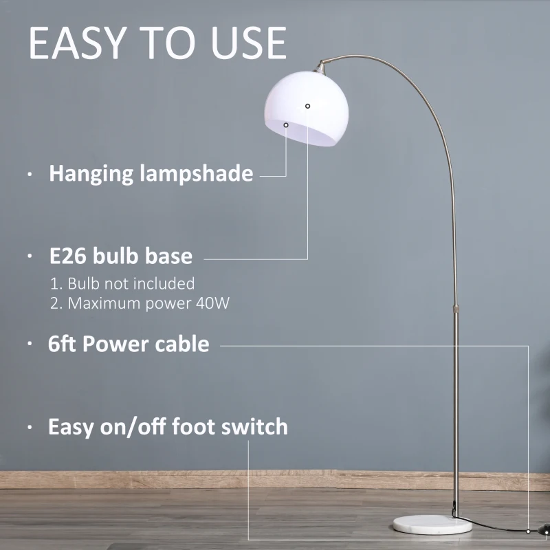 HOMCOM Arc Floor Lamp,Metal Standing Lamp, with 350° Flexible Lampshade, Adjustable Pole, and Marble Round Base for Living, Office, Bedroom, White/Silver