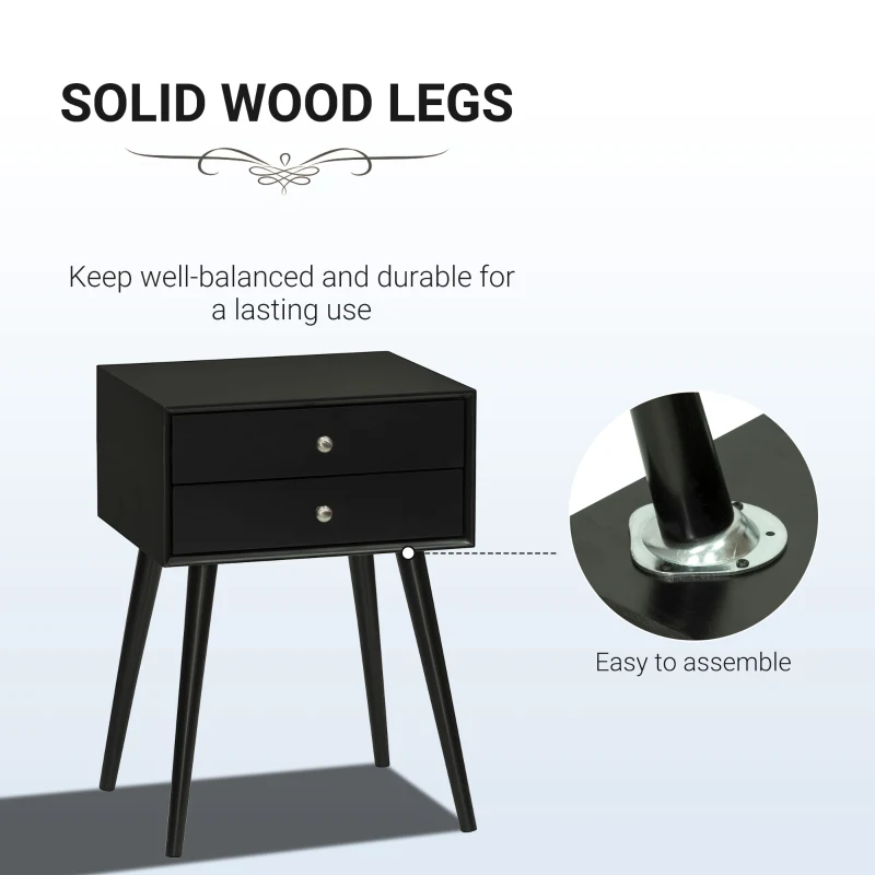 HOMCOM Side Table, Modern End Table with 2 Pull Out Drawers, Side Table with Display Tabletop and Solid Acacia Legs, Black