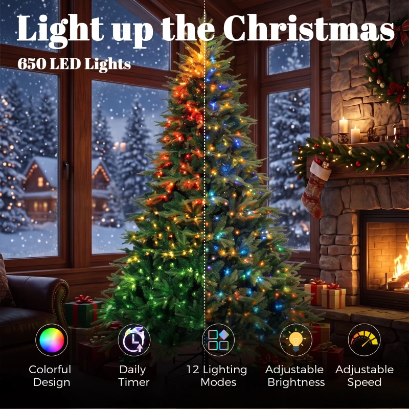 HOMCOM 7.5ft Christmas Tree with Synchronized LEDs, DIY Function, Frasier Grande Fir with Hinge Design, Remote, Daily Timer