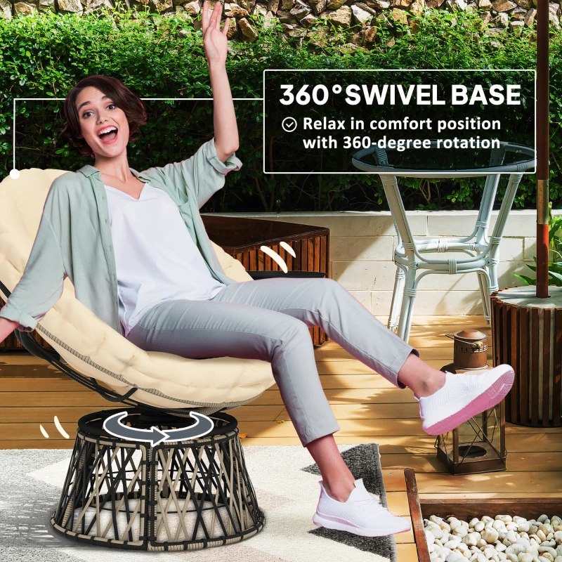 Outsunny 360° Swivel Outdoor Papasan Chair, 39" Overstuffed Circle Chair with Side Tray, Thick Cushion for Indoor Patio, Beige