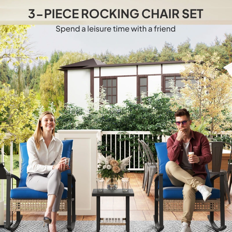 Outsunny 3 Pieces Bistro Set, Patio Wicker Furniture Set with Button Tufted Cushions, Rattan Rocking Chairs, Coffee Table, Blue