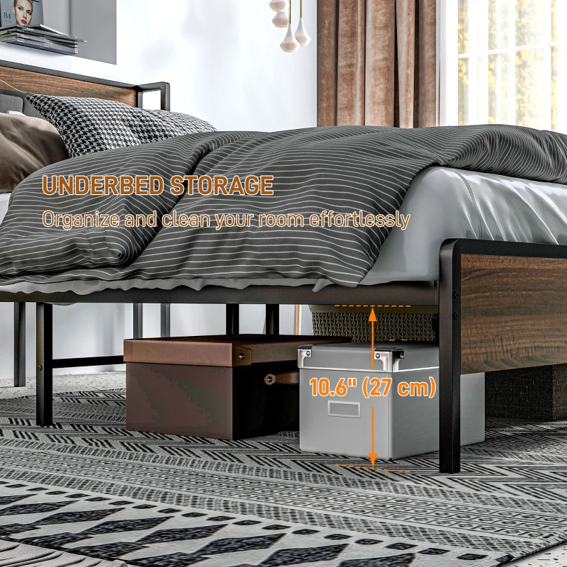 HOMCOM Full Size Bed Frame with Charging Station, Full Bed Frame with Upholstered Headboard and Storage Shelf, Walnut
