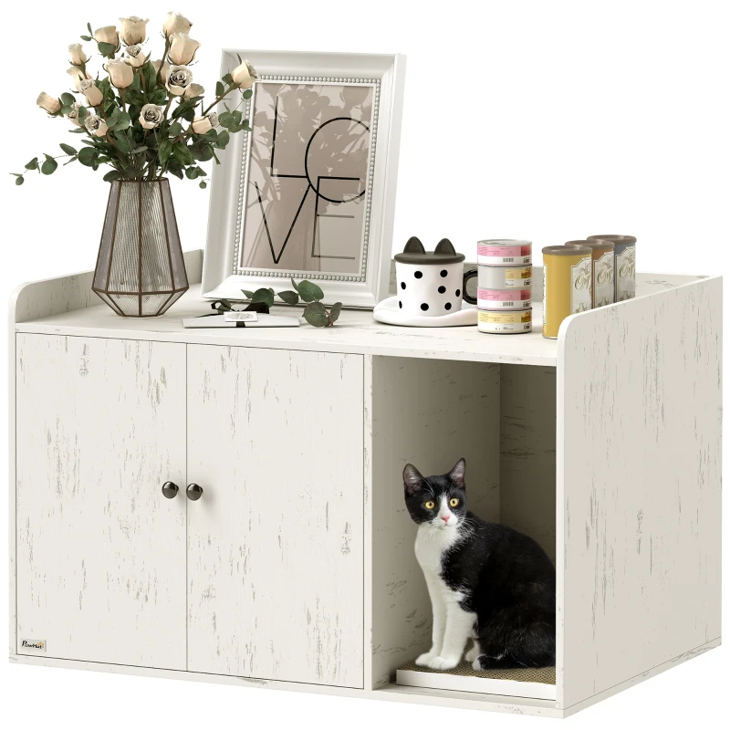 PawHut 32" Cat Litter Box Enclosure with Scratching Mat, Cat Entrance, Fit Most of Cat and Litter Box, Distressed White