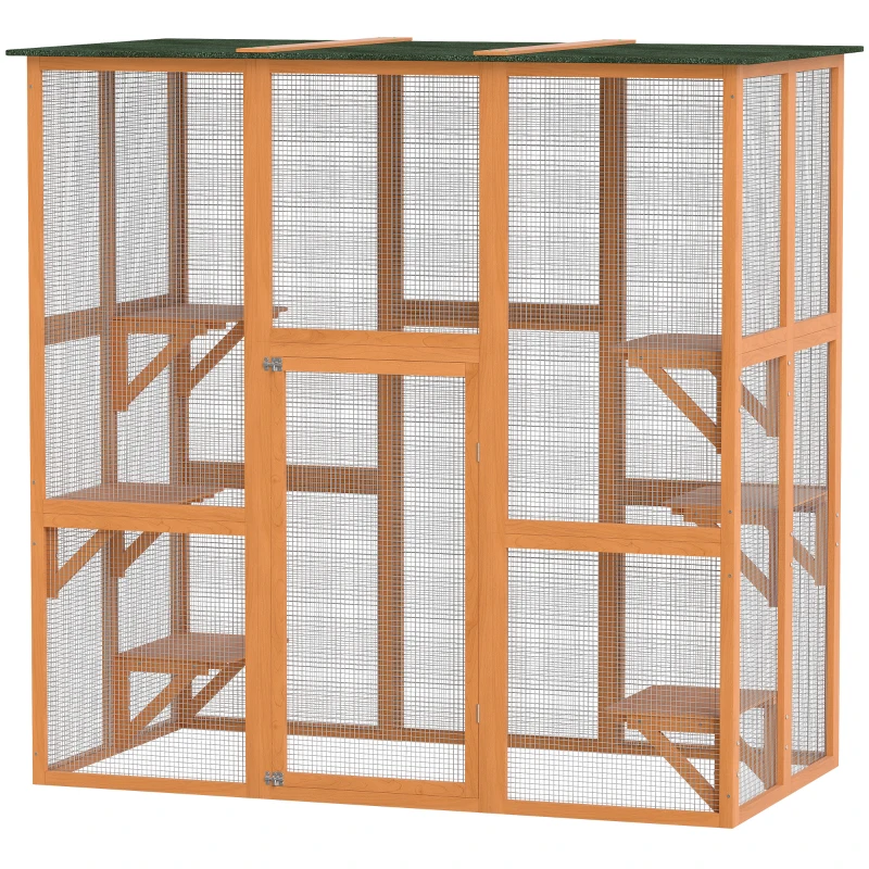 PawHut 71" x 39" x 71" Cat Cage, Large Outdoor Wooden Cat Patio with 6 Balanced Platforms and Asphalt Roof, Orange
