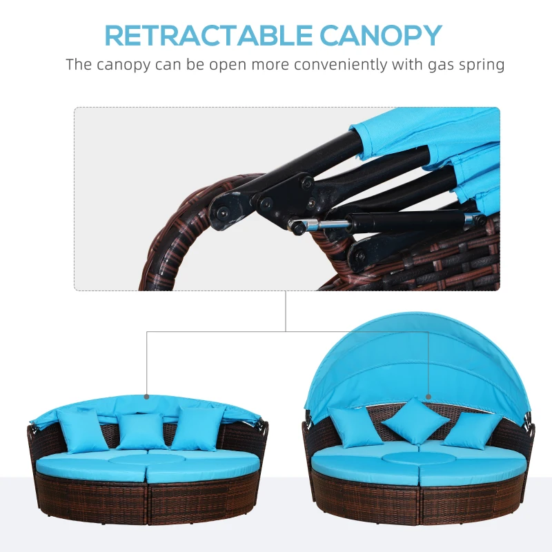 Outsunny 4-Piece Round Convertible Daybed with Cushions, Outdoor PE Rattan Patio Wicker Sofa Set, Sunbed with Adjustable Sun Canopy, Sectional Sofa, 2 Chairs, Table, 3 Pillows, Light Blue