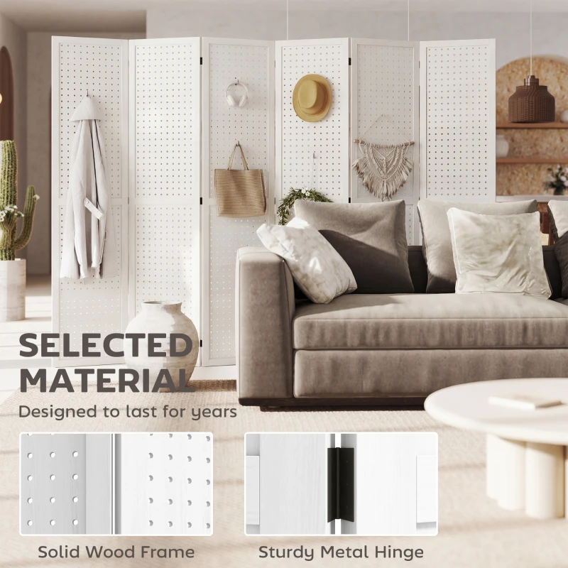 HOMCOM 5.6 Ft. Tall 6-Panel Room Divider, Pegboard Panel Folding Privacy Screen, Partition Wall Divider for Bedroom, White