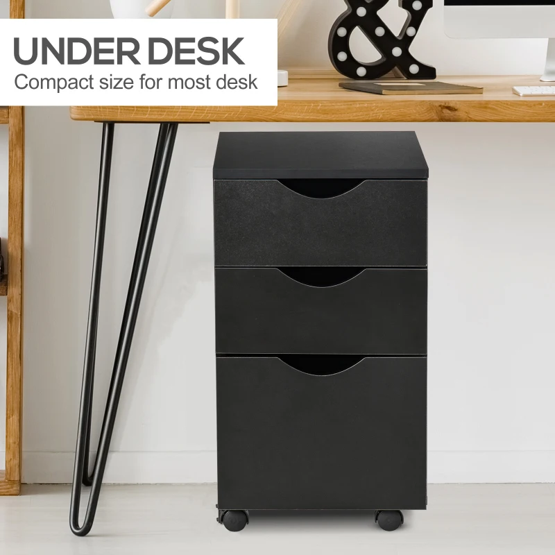 HOMCOM 3 Drawer Mobile File Cabinet with Wheels, Wood Filing Cabinet for Home Office, Rolling Under Desk Cabinet, Black