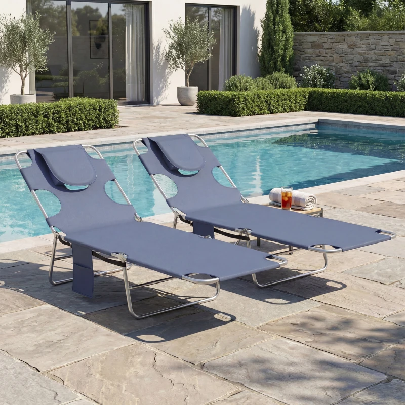 Outsunny 2 Tanning Chairs with Face Hole, 5-Level Adjustable Outdoor Chaise Lounge Chair with Pillow for Beach, Pool, Gray