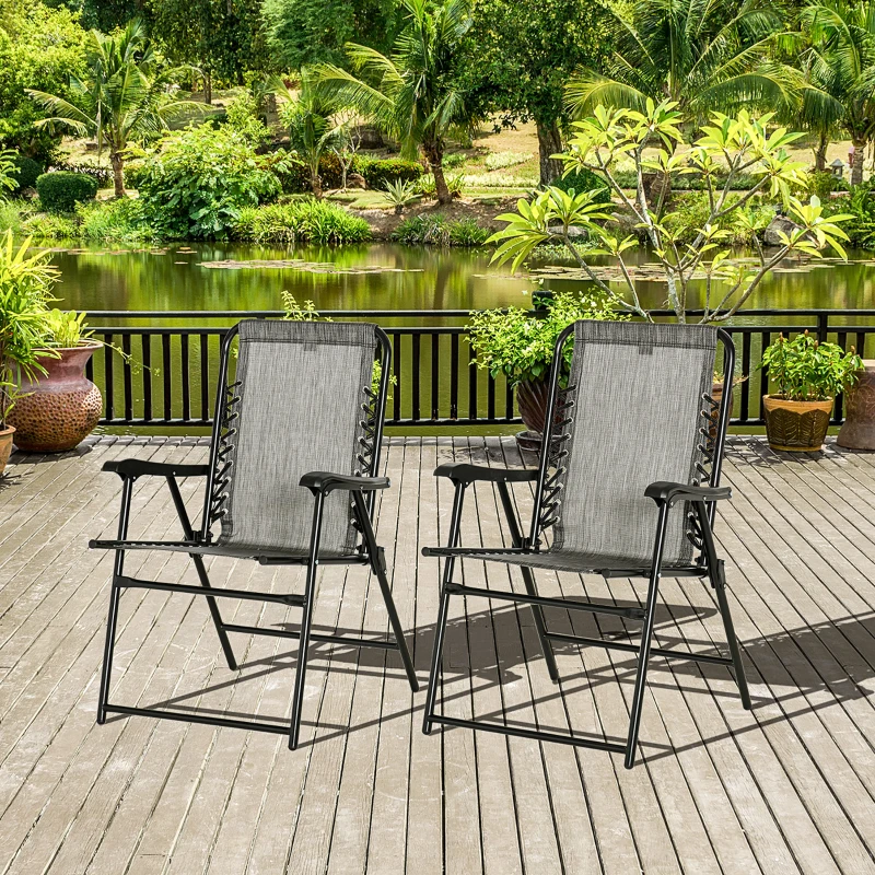 Outsunny 2 Pieces Outdoor Folding Patio Chair Set, Portable Camping Chairs with Armrests for Garden, Patio, Pool, Beach, Grey