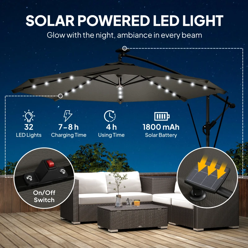 Outsunny 11.3 ft Cantilever Patio Umbrella with Light, Cover, Aluminium UPF50+ Offset Outdoor Umbrella Parasol, Dark Grey