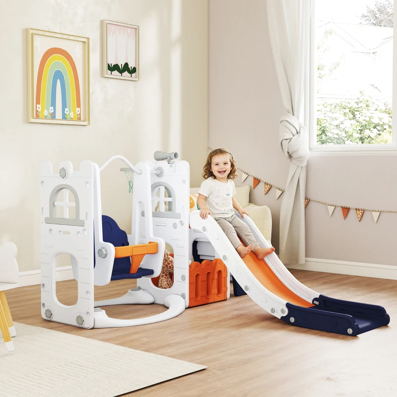 Qaba 6-in-1 Slide and Swing Set Baby Swing Playset Indoor with Basketball Hoop, Climber, Storage Space, Telescope, Orange