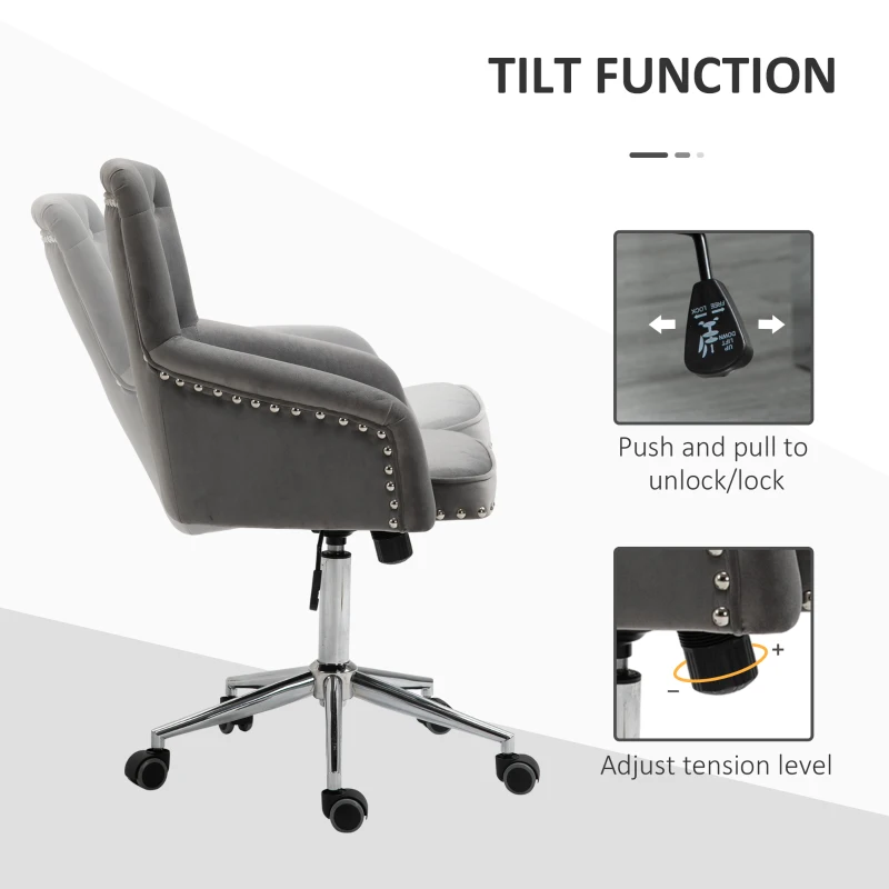 HOMCOM Modern Mid-back Desk Chair with Button Tufted Velvet Back, Nailhead Trim, Swivel Home Office Chair with Adjustable Height, Curved Padded Armrests, Gray