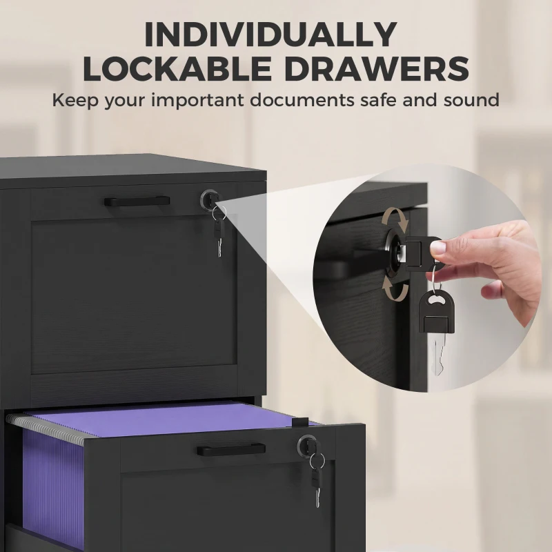 HOMCOM Vertical Filing Cabinet with 2 Drawers, Lock, File Cabinet for Home Office, A4 and Letter Size Files, Black