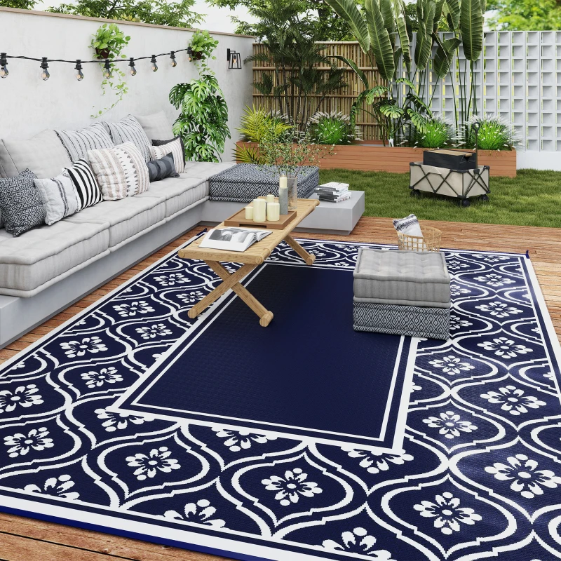 Outsunny Reversible Outdoor Rug, Waterproof Plastic Straw with Carry Bag, 9' x 12', Blue & White Gourd Border