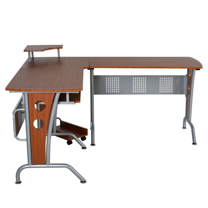 HOMCOM L-Shaped Corner Computer Office Desk Workstation with Elevated Shelf, Rolling Keyboard Tray, & Convenient CPU Stand, Brown