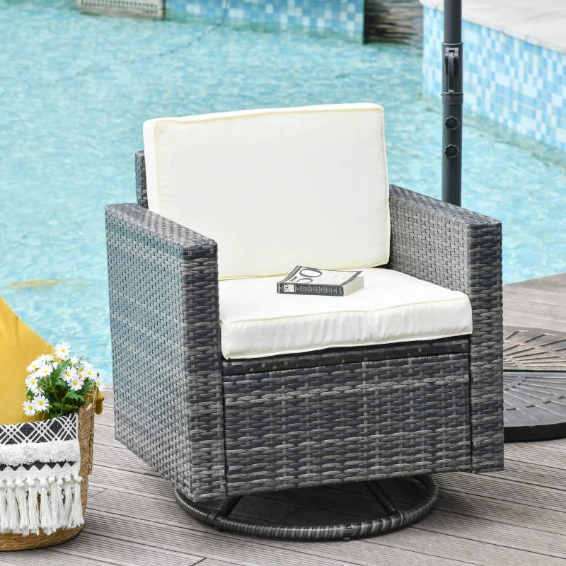 Outsunny Outdoor Swivel Rocker, PE Wicker Dining Chair, 360 Degree Swivel Patio Glider with Cushions for Backyard, Lawn, Garden, Deck, Porch, Steel Frame, Cream White