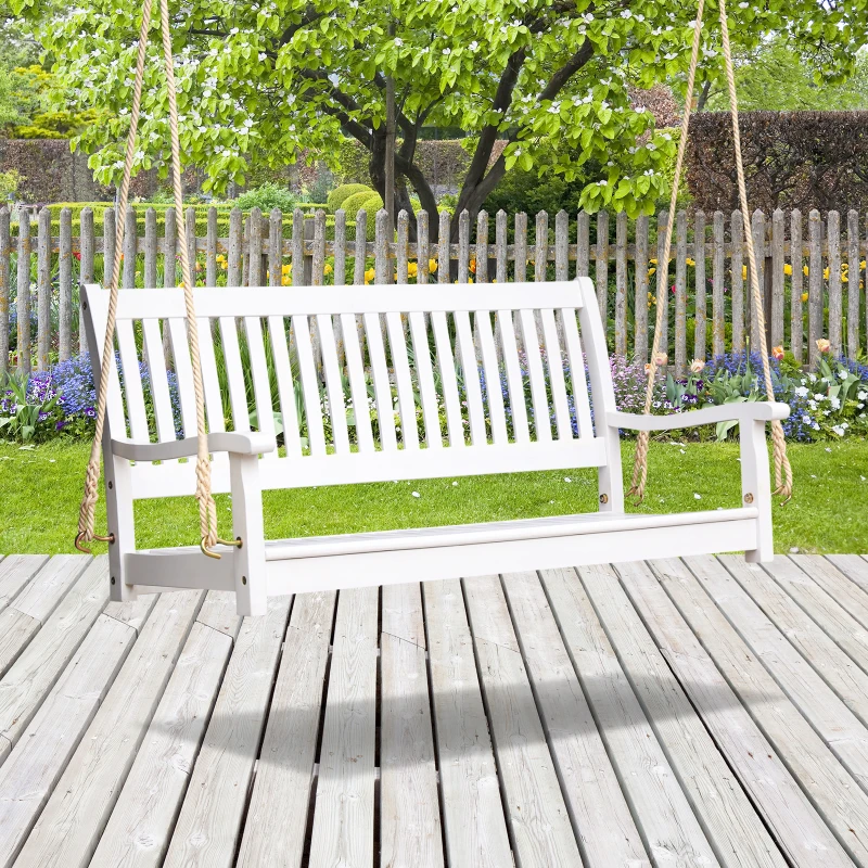 Outsunny 48'' 2-Seater Hanging Porch Swing, Outdoor Patio Wooden Swing Bench w/ Ropes, Slatted Design, 700 lb Weight Capacity, White