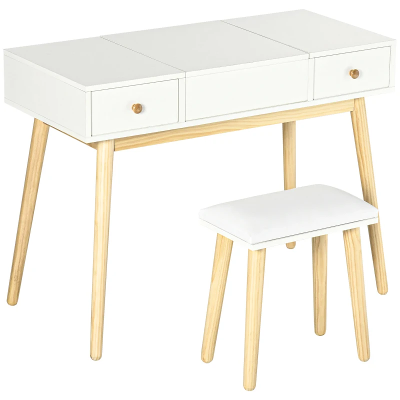 HOMCOM Makeup Vanity Desk with Flip Top Mirror and Cushioned Stool, Dressing Table Writing Desk with 2 Drawers and Storage Grids for Bedroom (White)