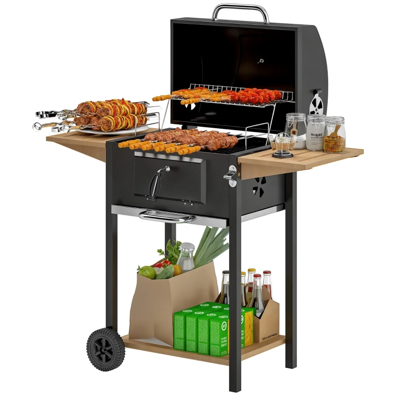 Outsunny Charcoal BBQ Grill with 245 sq. in. Cooking Area, Adjustable Charcoal Pan, 3 Shelves, Thermometer, Black
