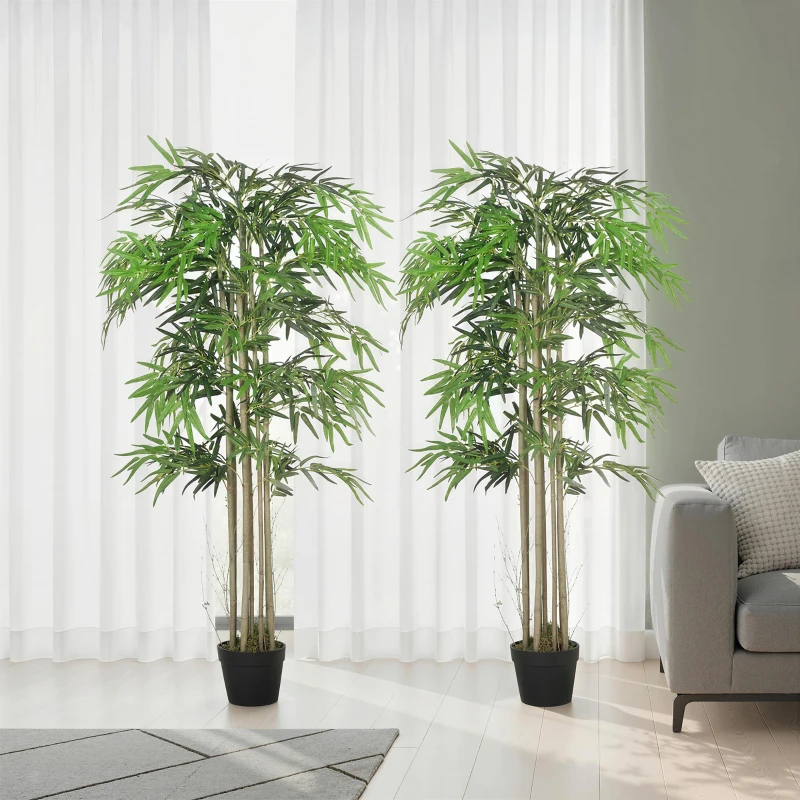 Outsunny 5FT Artificial Bamboo Tree Set of 2, Fake Plant with 1095 Leaves, Greenery Plant in Nursery Pot for Indoor, Green