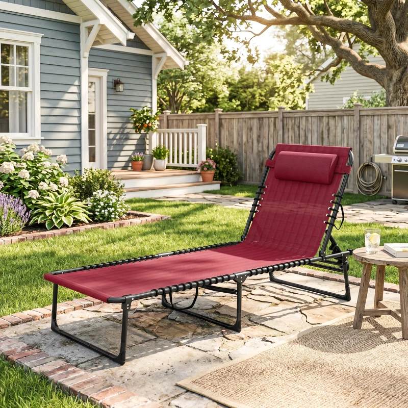 Outsunny Folding Chaise Lounge Pool Chair with 4-Position Reclining Back, Pillow, Breathable Mesh & Bungee Seat, Wine Red