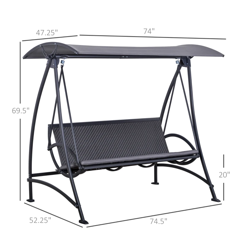 Outsunny 3 Person Rattan Outdoor Hanging Swing Chair with Canopy and Seat Cushions for Backyard, Patio, Garden, Grey