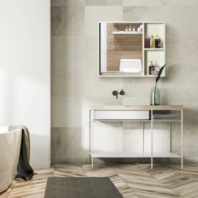kleankin 31.5" x 25.5" Medicine Cabinet with Mirror, 2-Tier Storage Shelf, Wall Mounted Bathroom Cabinet, White