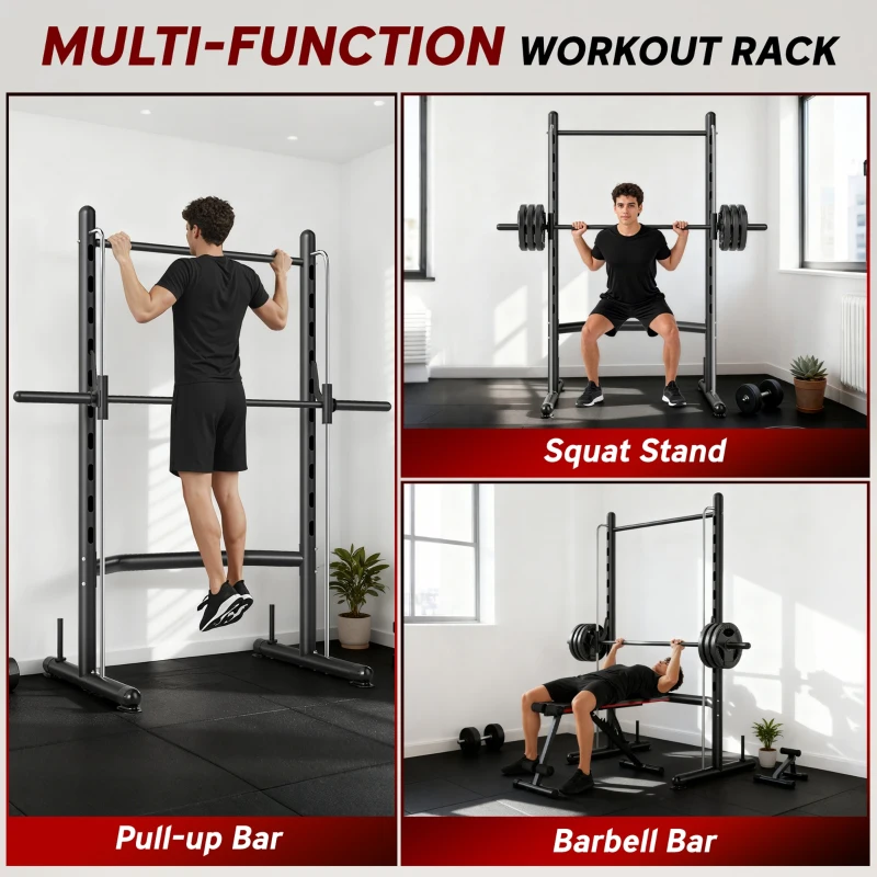 Soozier Squat Rack with Pull Up Bar and Barbell Bar Adjustable Bench Press Multi-Function Weight Lifting Half Rack Black