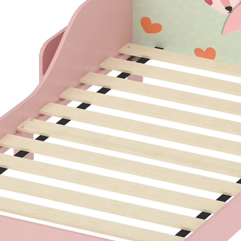 Qaba Toddler Bed with Bedside Storage and Guard Rails, Montessori Bed for Ages 3-8, Fits 132x70x10cm Mattress, Pink Fox Print
