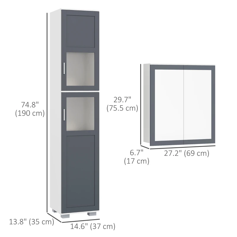 kleankin Bathroom Storage Cabinet Set, Wall Mounted Medicine Cabinet, Bathroom Cabinet with Adjustable Shelves, White & Grey