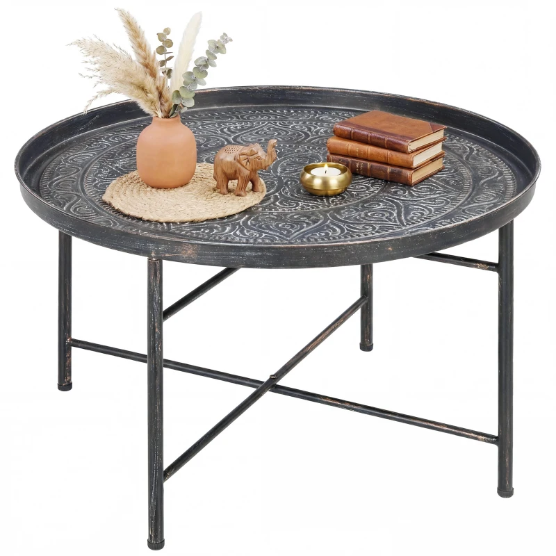 HOMCOM Coffee Table for Living Room, 24" Round Center Table with Hammered Tray Top and Metal Frame for Bedroom, Pewter