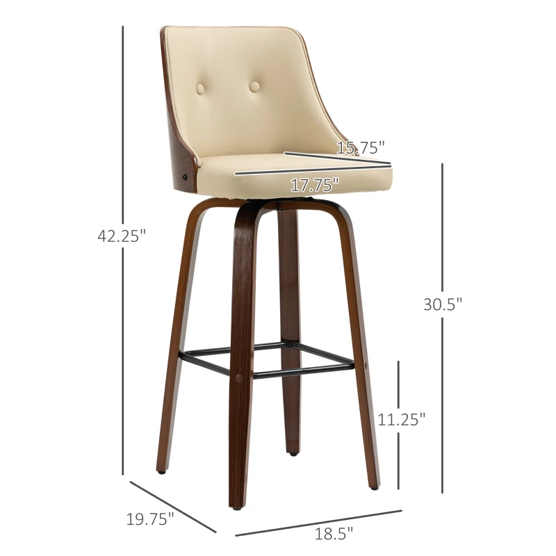 HOMCOM Bar Height Bar Stools, PU Leather Swivel Barstools with Footrest and Tufted Back, Set of 4, Beige