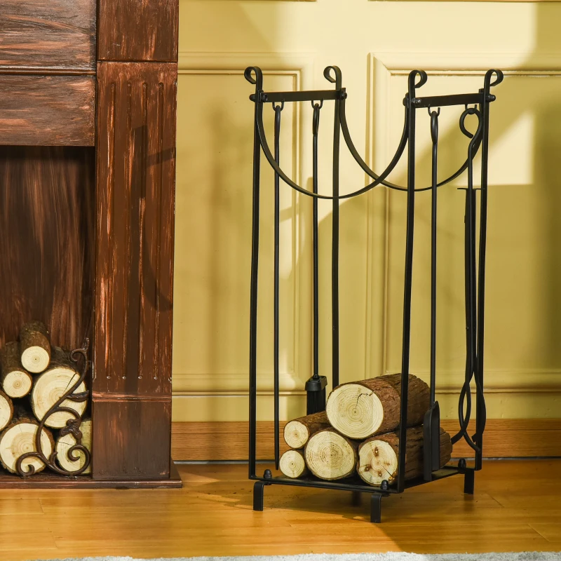 Outsunny Firewood Rack with Fireplace Tools, Outdoor Firewood Holder, 30.25" Tall Build with 2-Tiers, Black