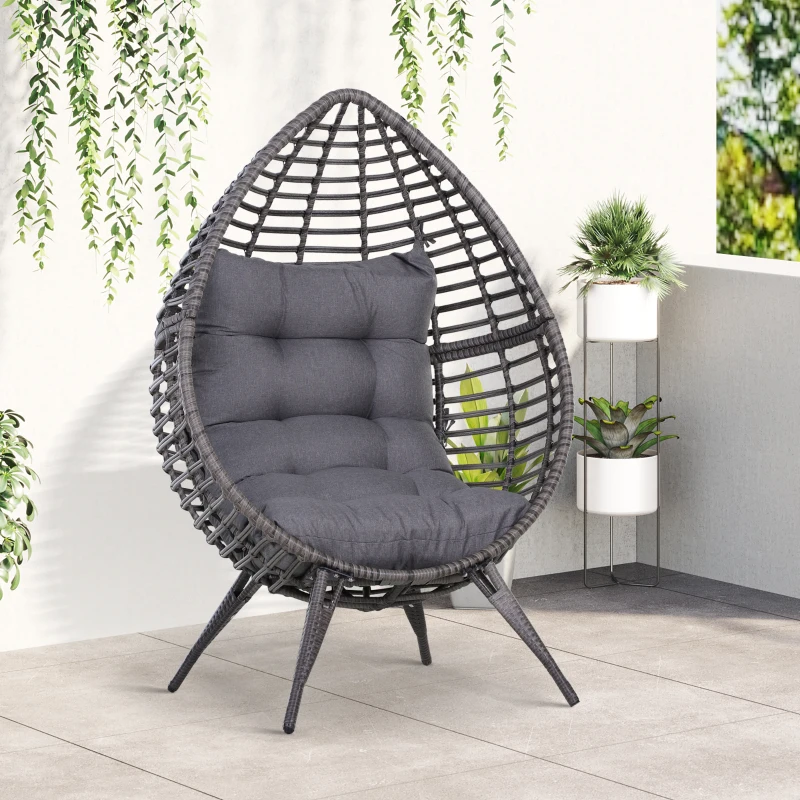 Outsunny Patio Wicker Egg Chair w/ Soft Cushion, Teardrop Cuddle Seat, Outdoor / Indoor Patio Chair, PE Plastic Rattan Furniture with Adjustable Height Feet Pads, Gray