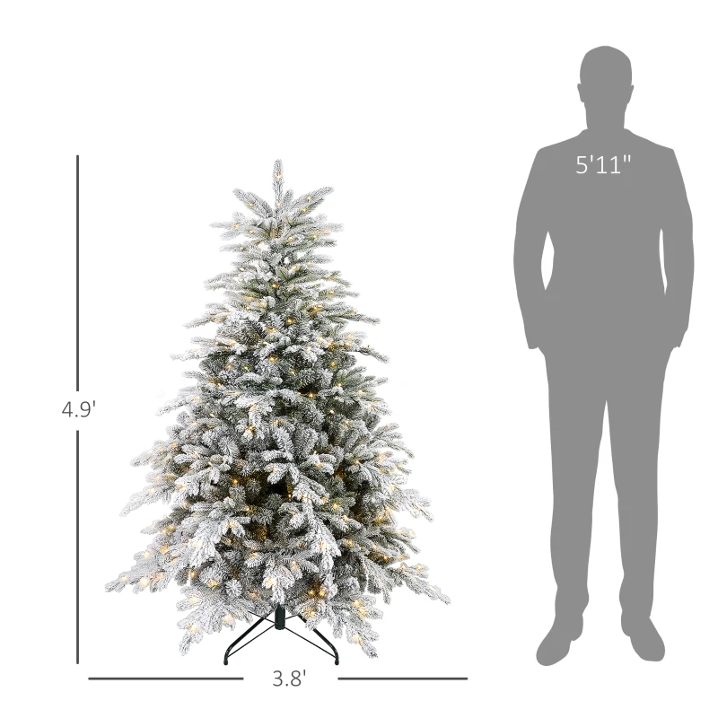 HOMCOM 5ft Artificial Prelit Christmas Tree with Warm White LED Light and Snow Flocked Branches, Metal Base